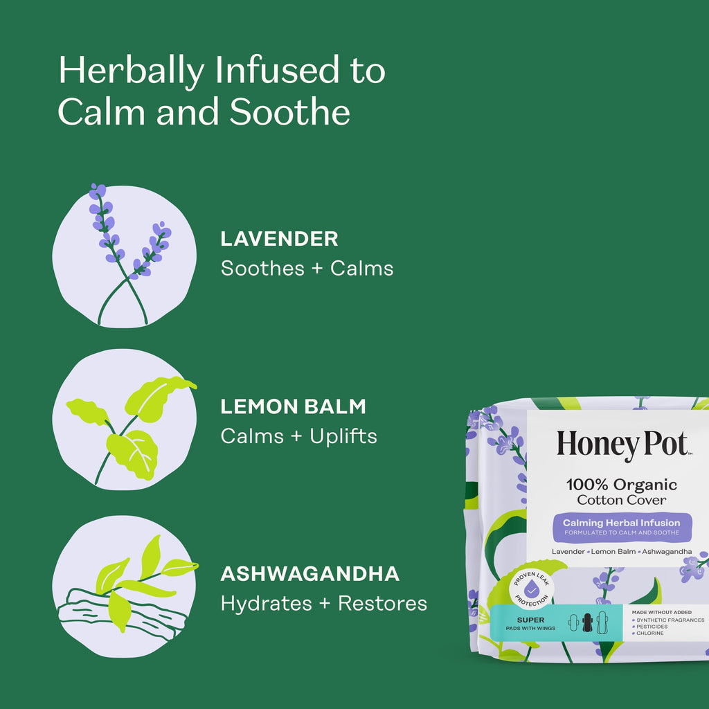 Organic Cotton Cover Calming Herbal Infusion Super Pads With Wings